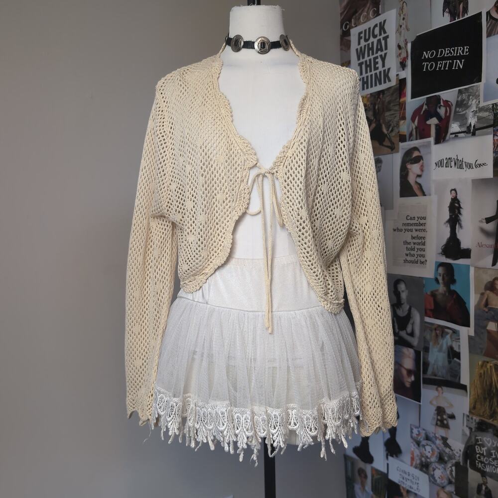 Open Knit Cropped Tie Front Shrug Cardigan